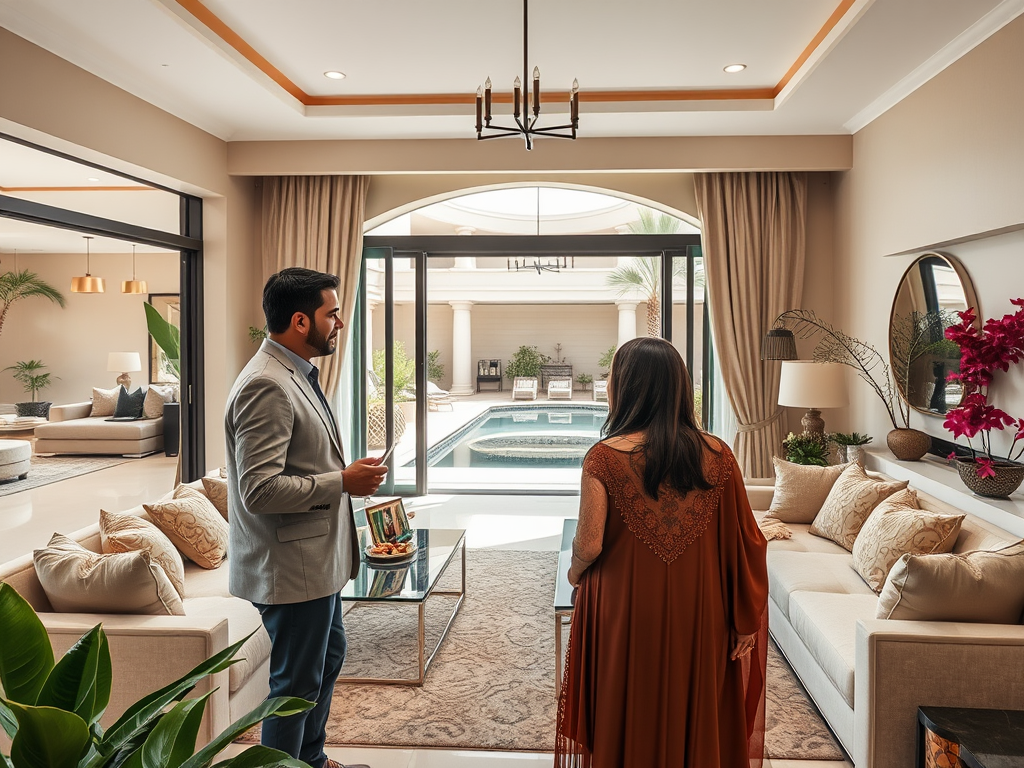 A man and woman talk in a stylish living room with views of a pool and outdoor area, surrounded by modern decor.