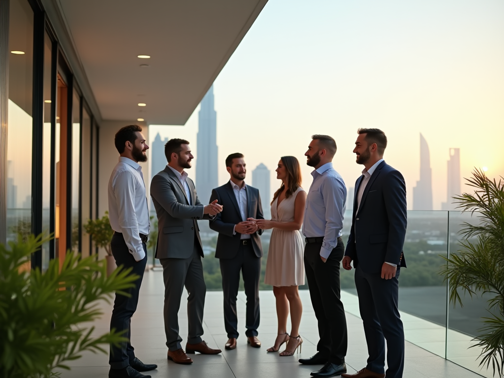 Group of professionals chatting on a balcony during sunset with city skyline in the background.