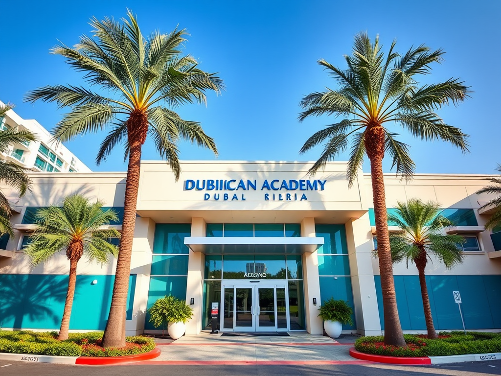 Entrance of Dubiican Academy, featuring palm trees and a modern building design under a clear blue sky.