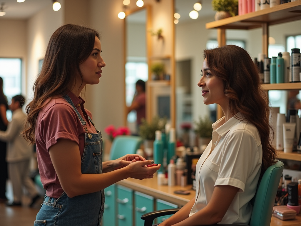 Two women conversing in a bright, stylish salon with shelves of beauty products in the background.