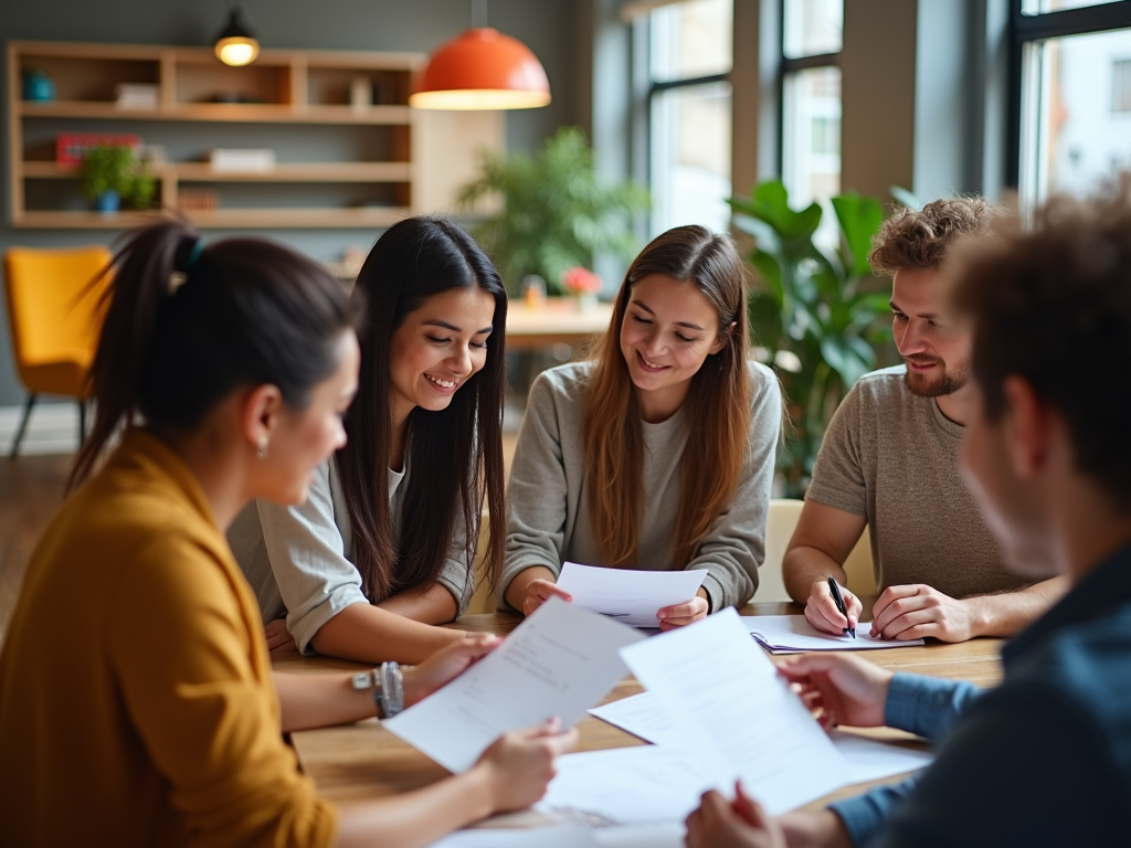 Group of young adults collaborating and discussing documents at a table in a cozy, modern workspace.